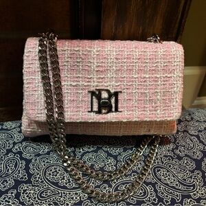 Badgley Mischka Pink Bouclé Tweed Flap Bag Coquette Barbiecore Silver Chain